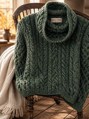 Aran Mór Women's Cable Cowl Turtleneck Sweater - Deep Green